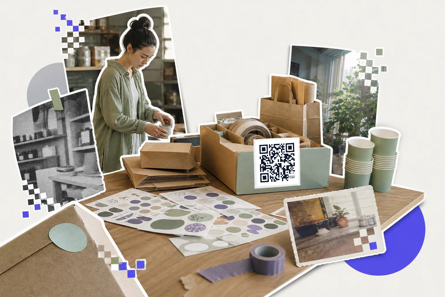 Woman in green shirt packing items on a table with a QR code on a box nearby.