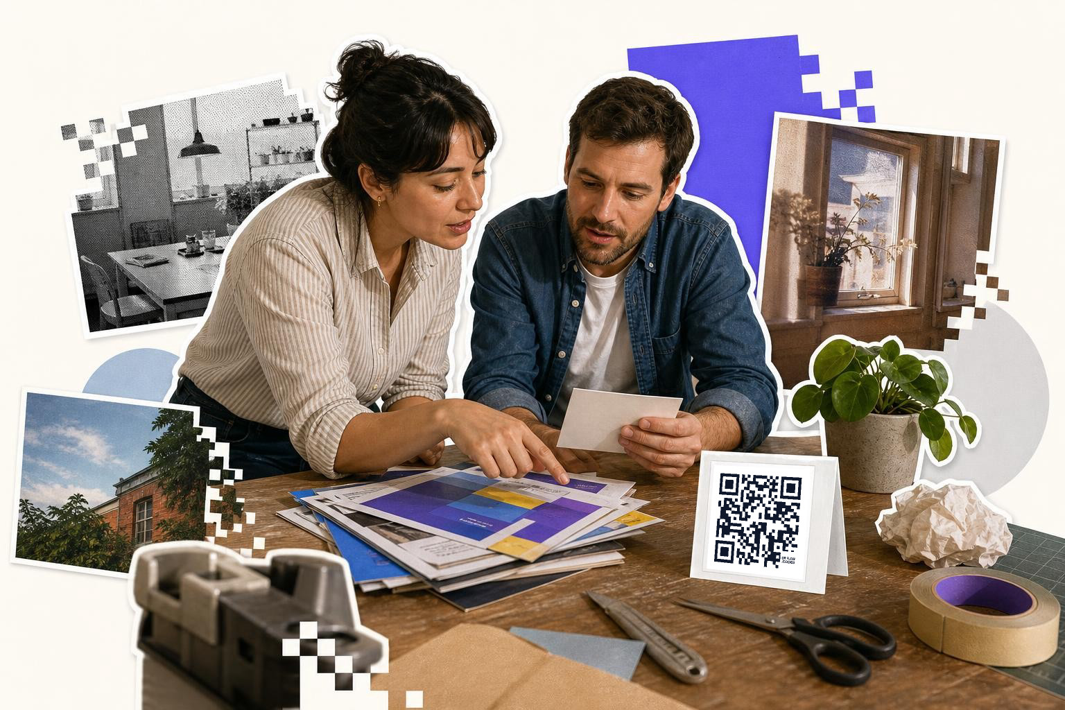 Two people examining papers at a table with a QR code card and various photos around them.
