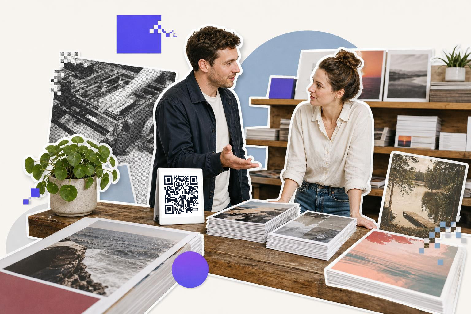 A man and woman discuss over a table filled with printed photos, a QR code card is displayed nearby in a creative setting.