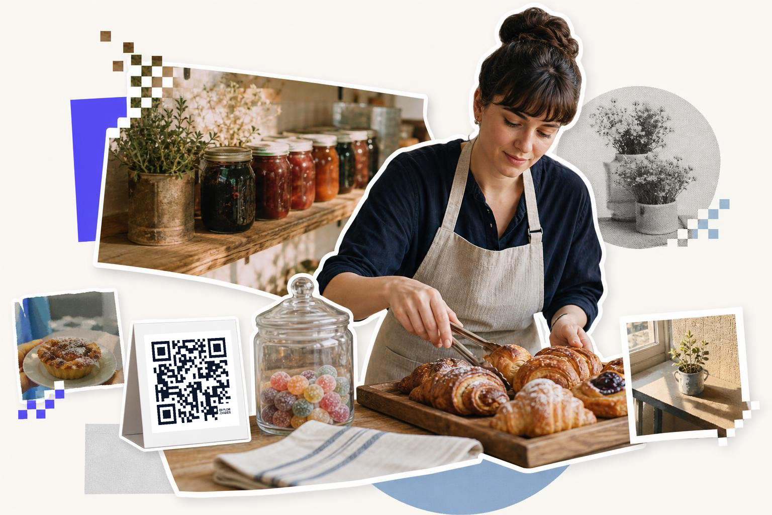 Woman in apron arranging pastries with tongs near jars and QR code on table in cozy setting.