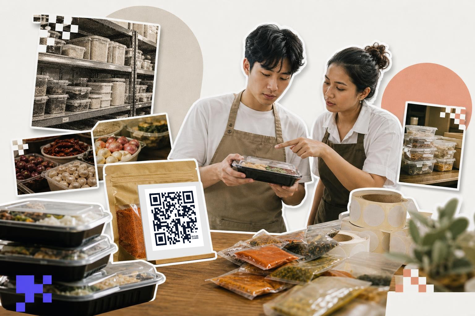 Two people in aprons examine packaged food with a QR code on a spice bag nearby.