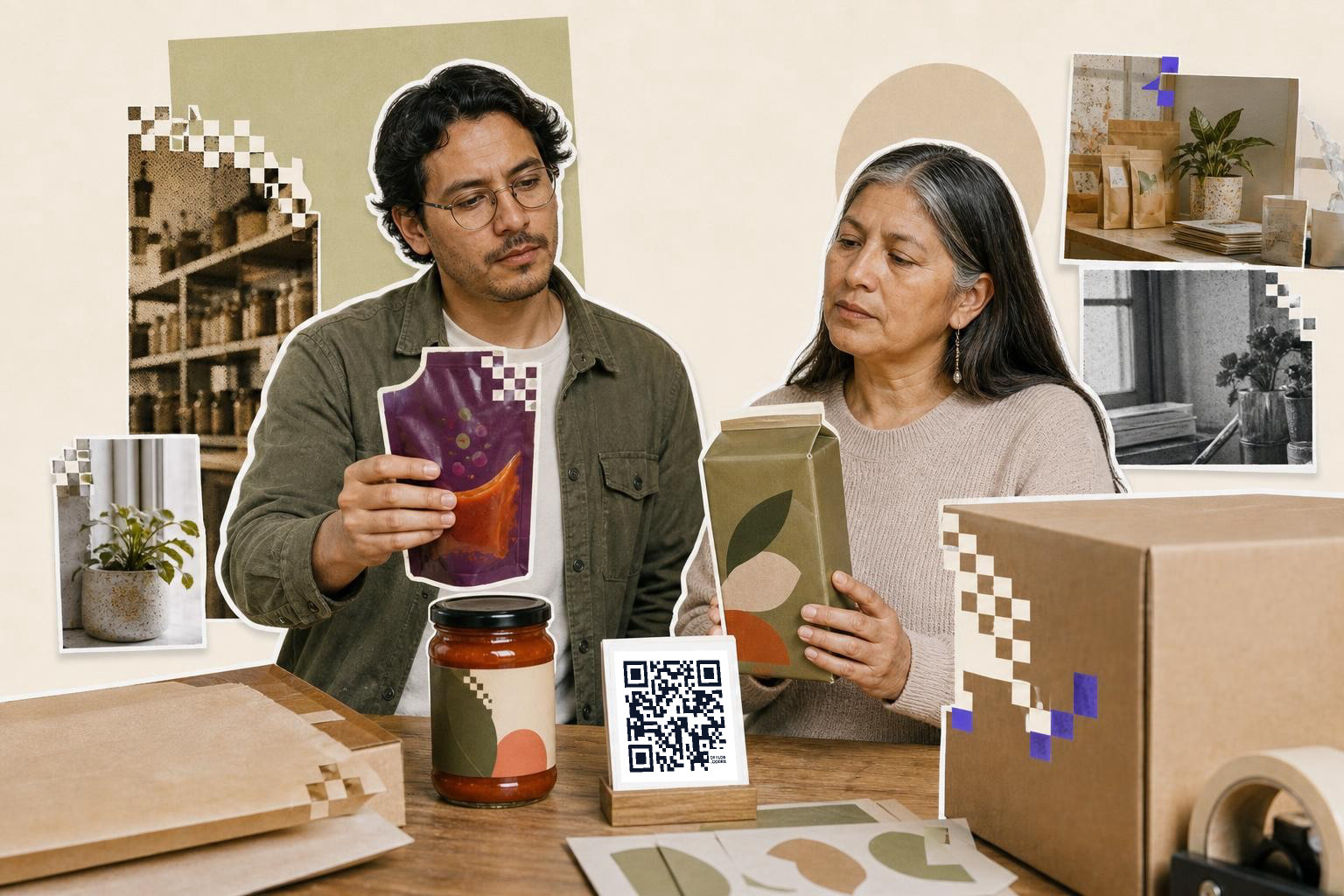 Two people examine packaging designs at a table with a QR code card and various items.