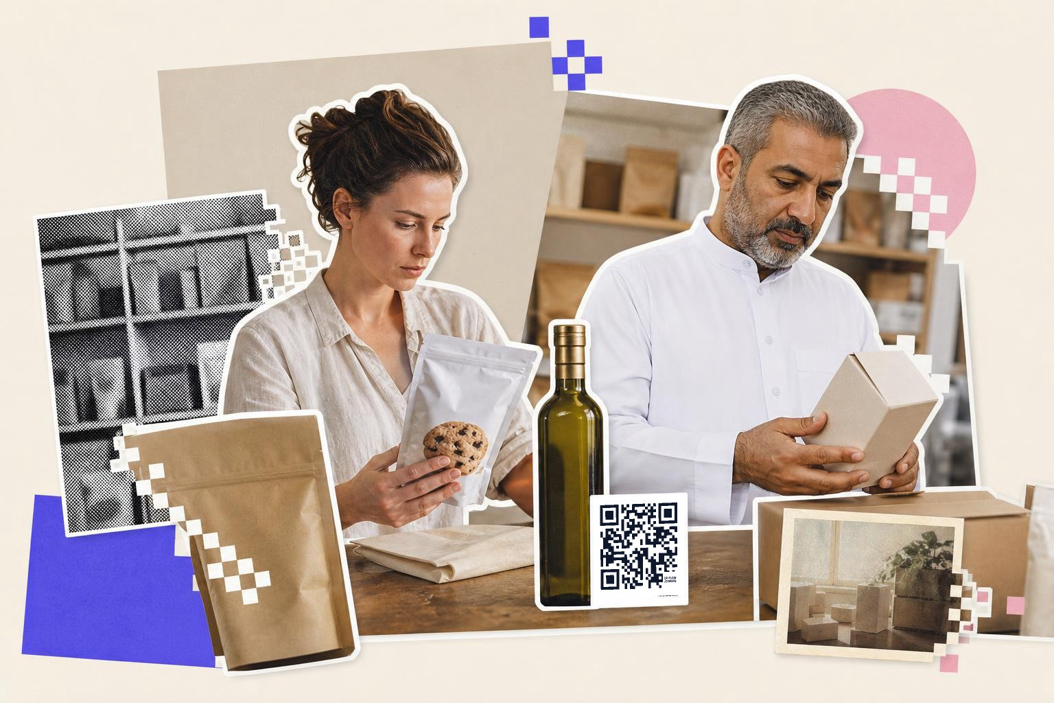 Two people examining packaging with a QR code card and a bottle on a wooden table.