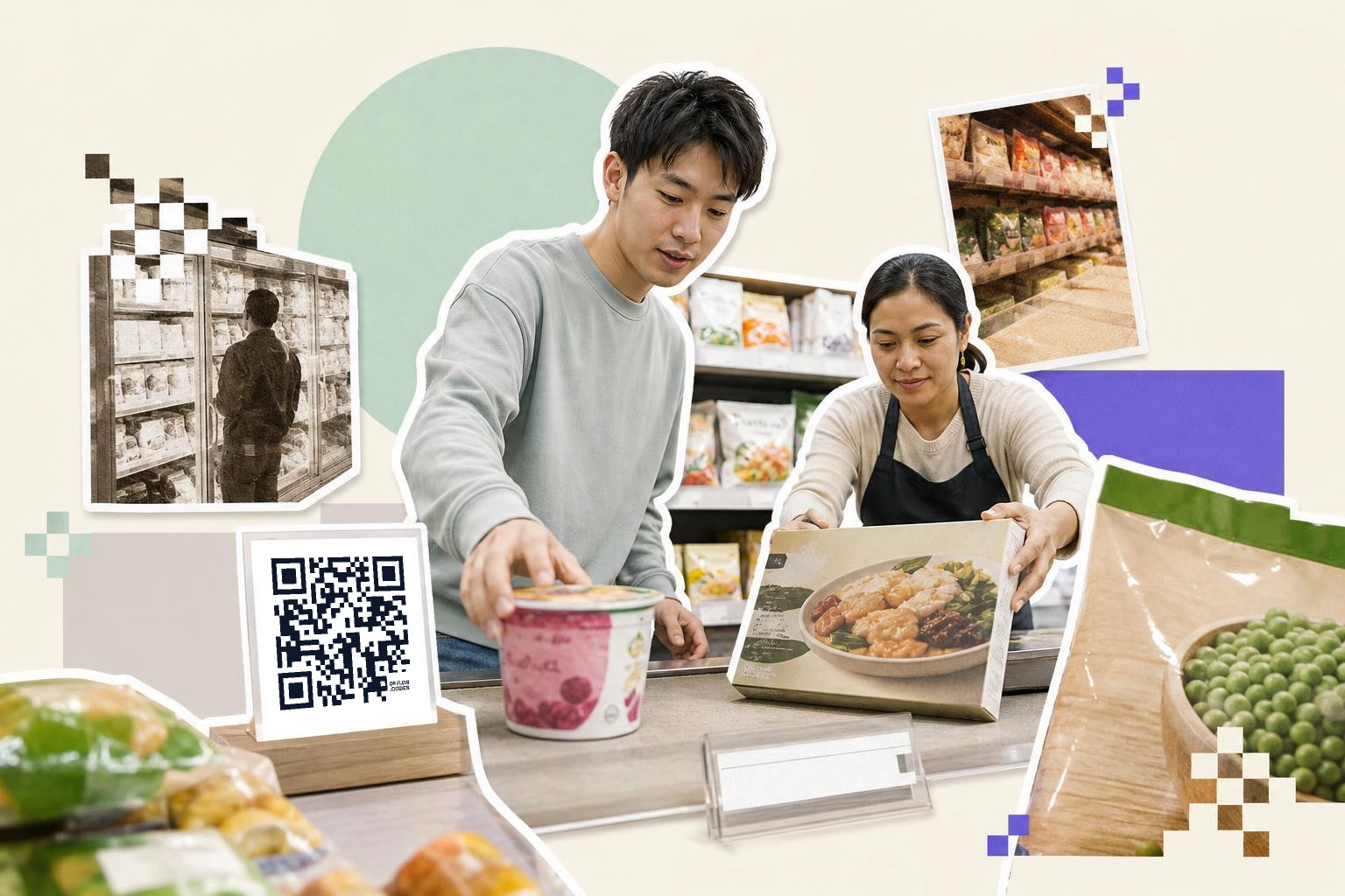 Two people in a grocery store handling packaged food with a QR code on a stand nearby.