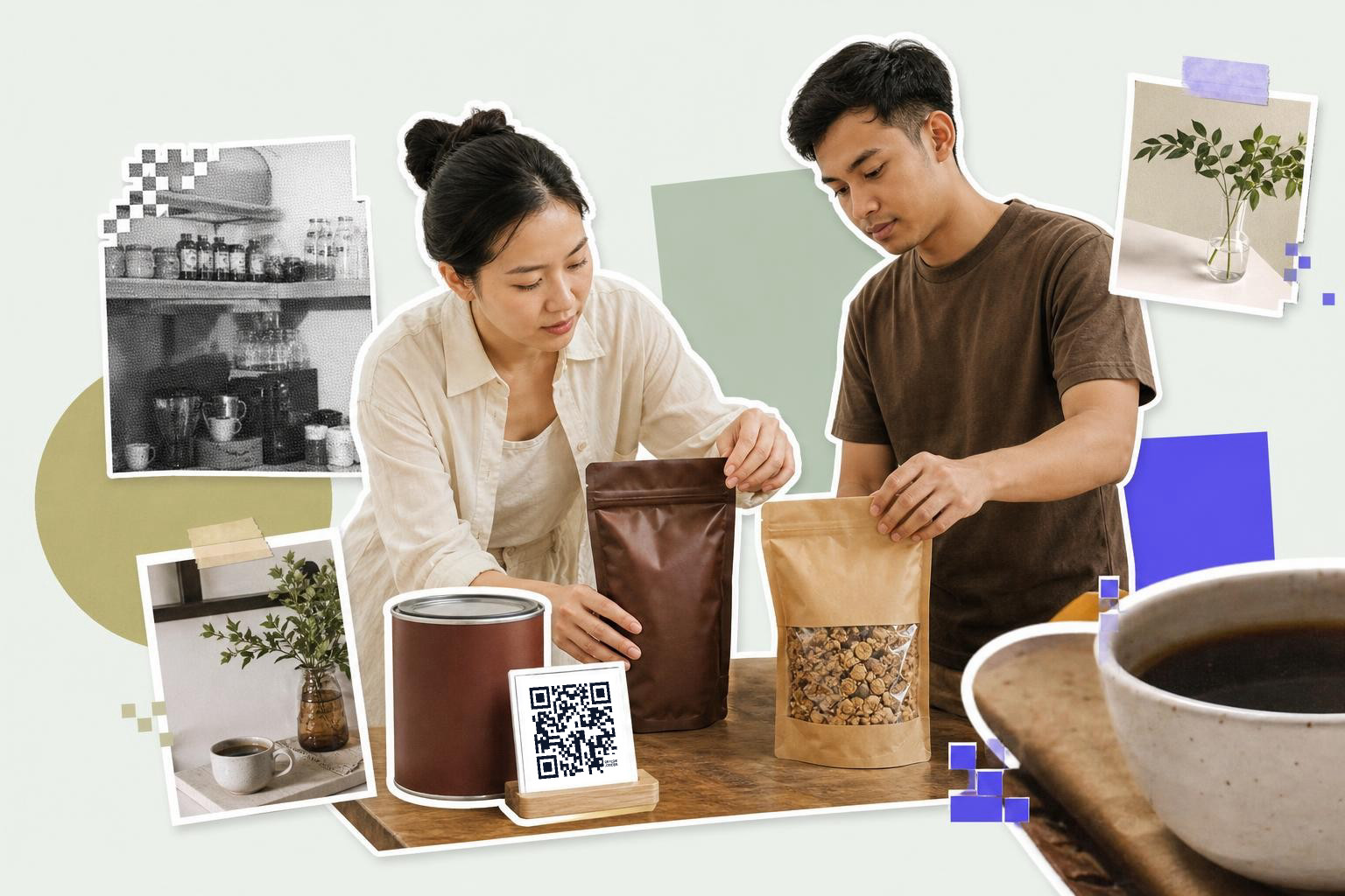 Two people packaging coffee with a QR code card on the table and various coffee-related images around.