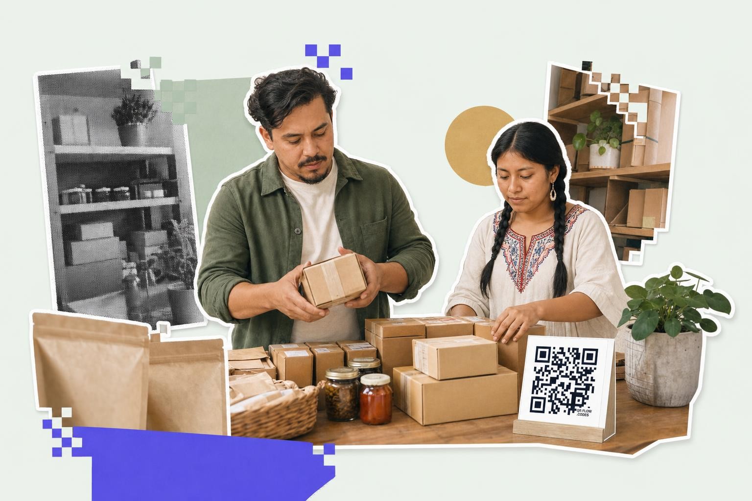 Two people packing boxes with a qr code on a card among jars and plants on a table., qr code on food packaging