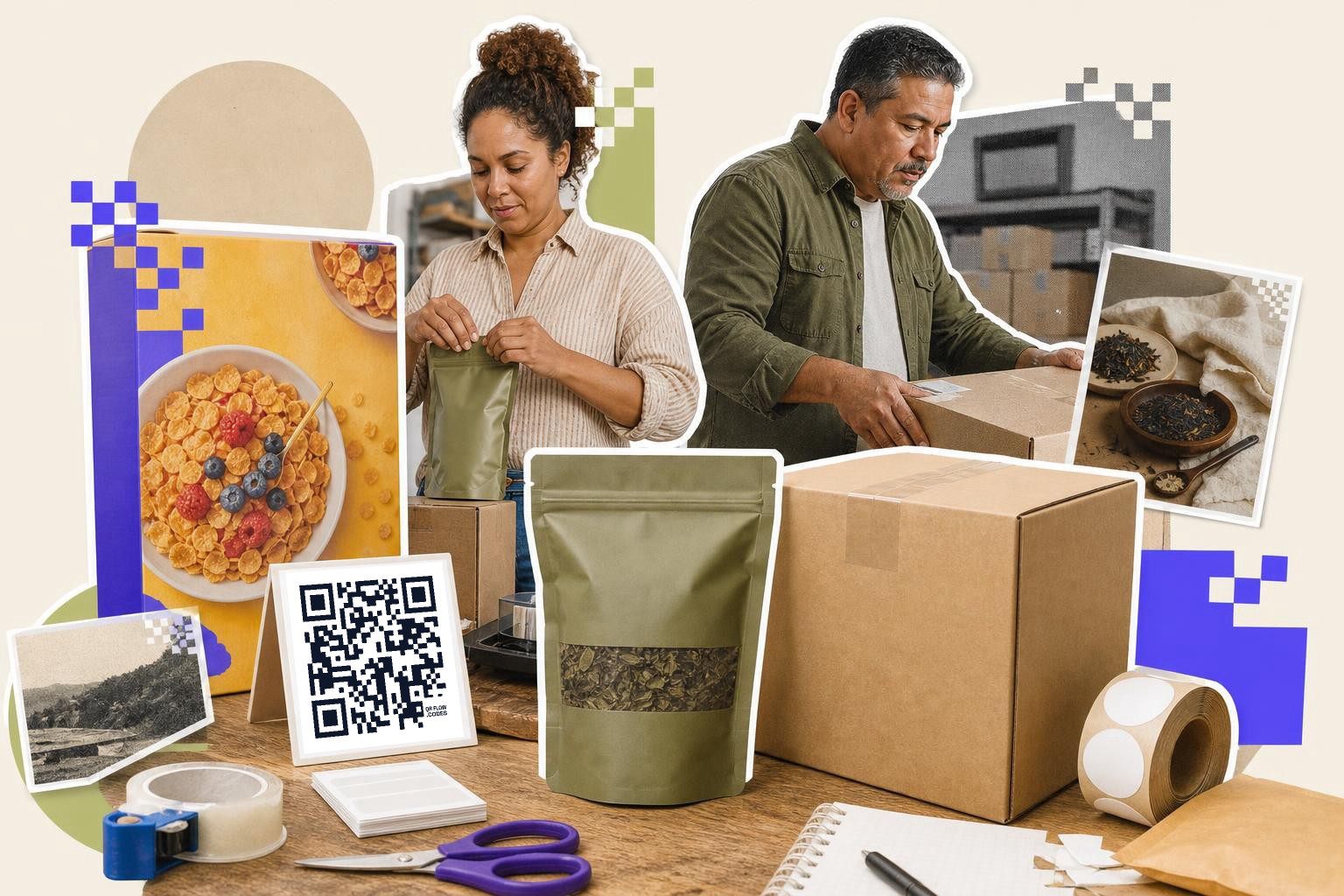 Two people packing items with boxes, a QR code card, and packaging materials on a table.