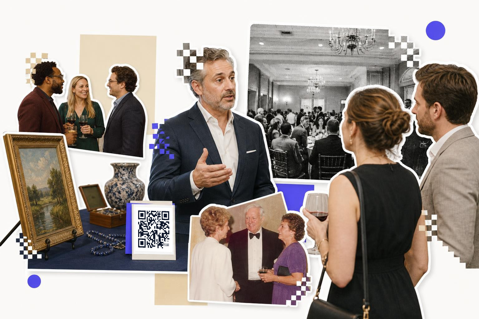 Guests in evening wear talk beside a table at a formal event, a printed QR code card set among the glasses and programs.