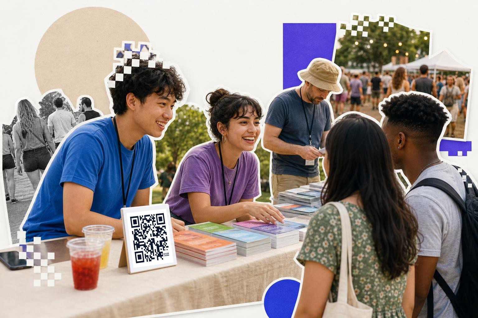 An outdoor book fair table with a printed QR code card, a vendor talking with two attendees in bright daylight.