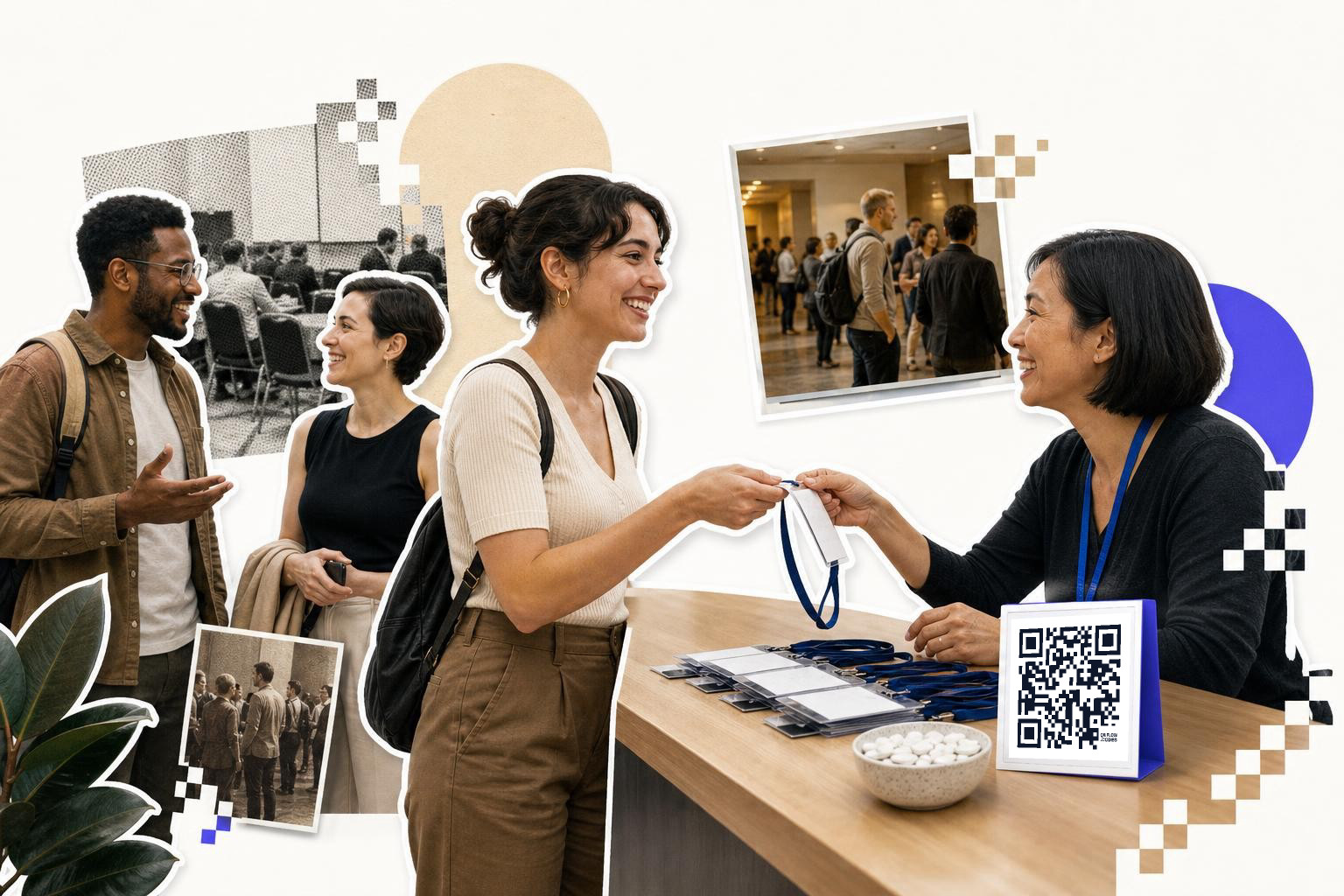 People at a conference registration desk exchanging lanyards and badges, a printed QR code card standing on the counter.