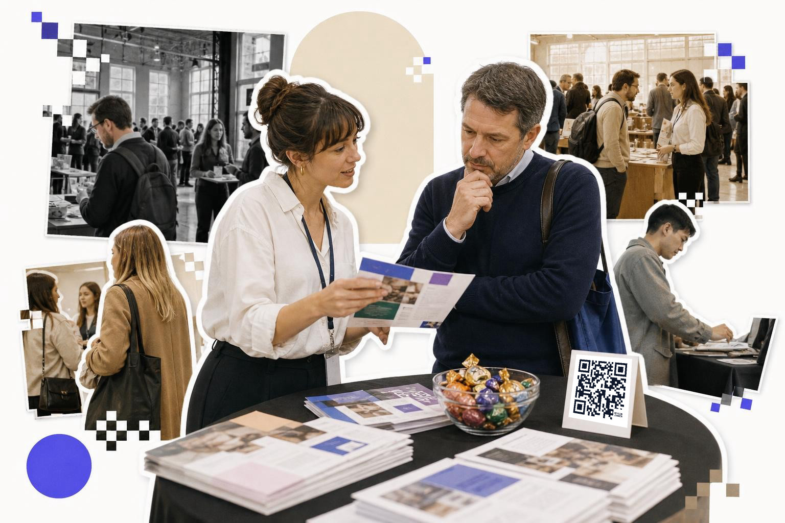 Two people go over a brochure at a table with a printed QR code card, surrounded by cut-out photos from the event.