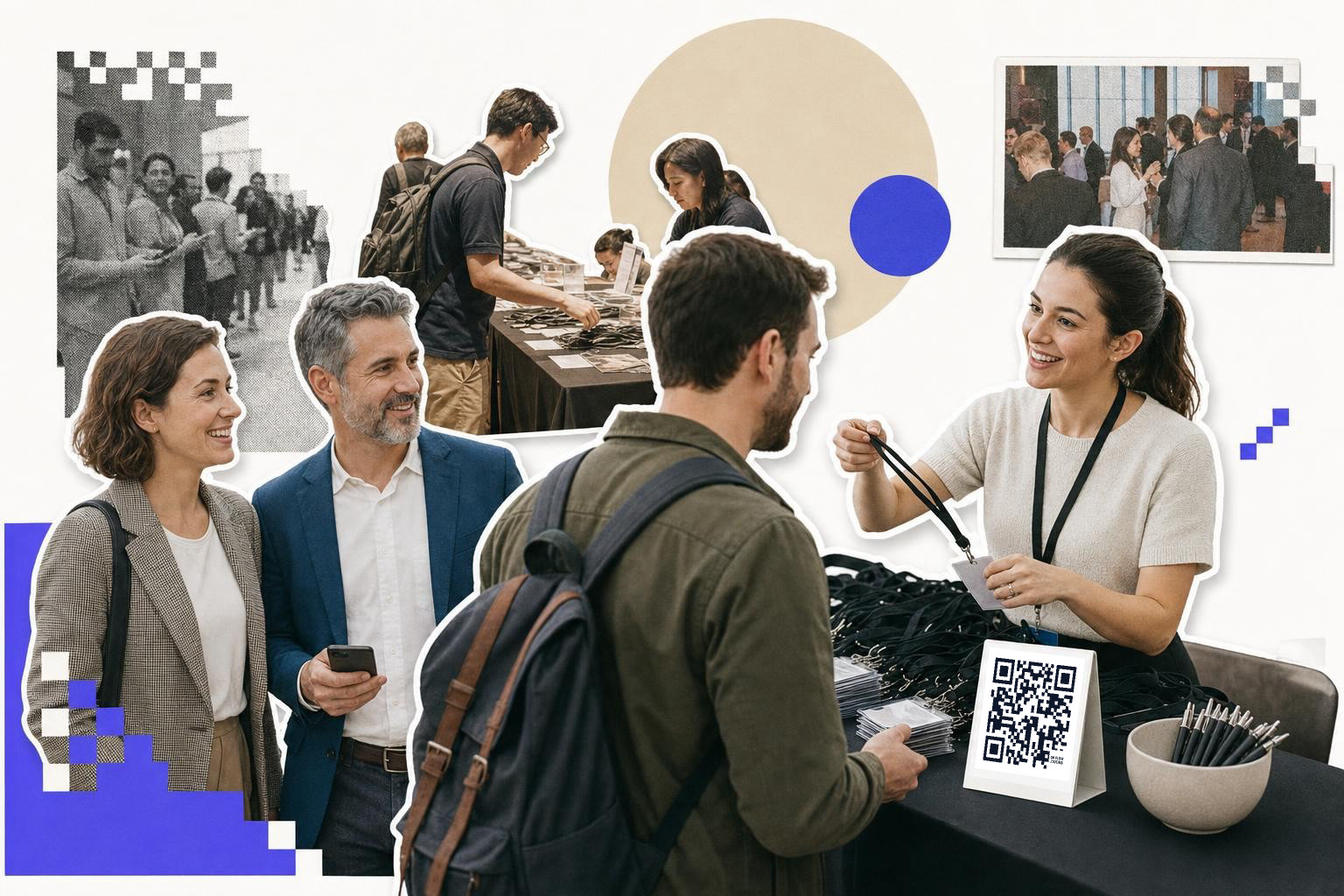 A staff member at a conference check-in table hands a lanyard to an attendee while a standing card with a QR code for the event sits beside the badges and pens.
