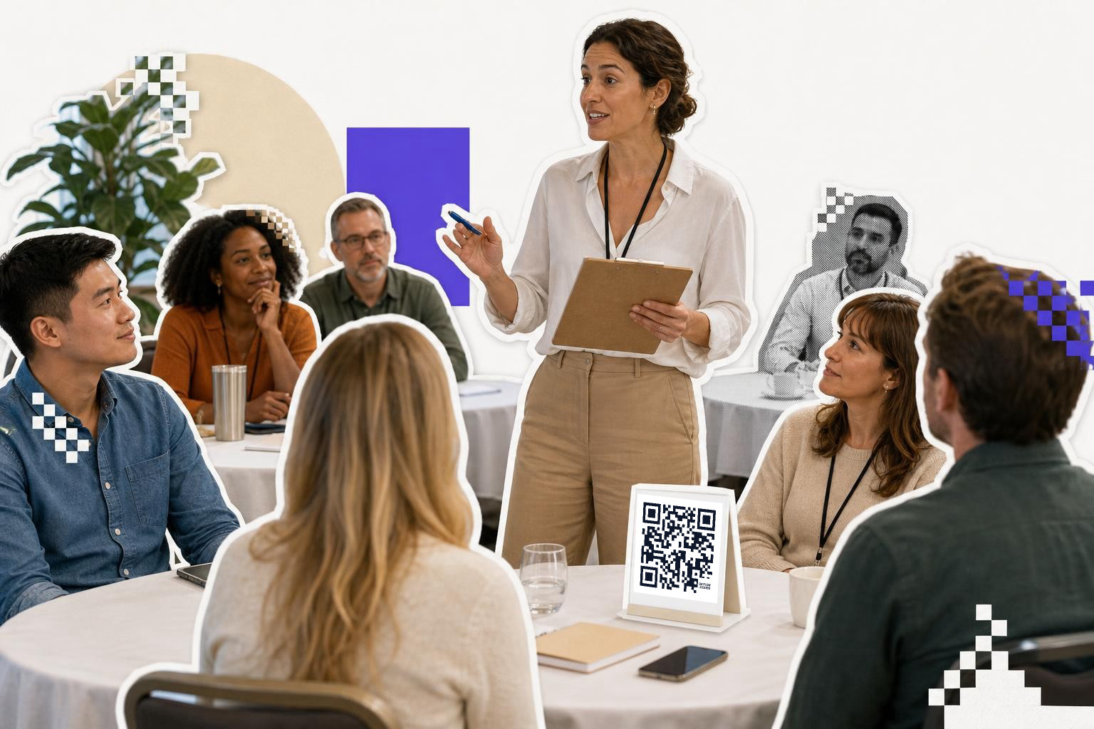 A woman with a clipboard speaks to seated attendees at round tables, a printed QR code card standing on the nearest table.