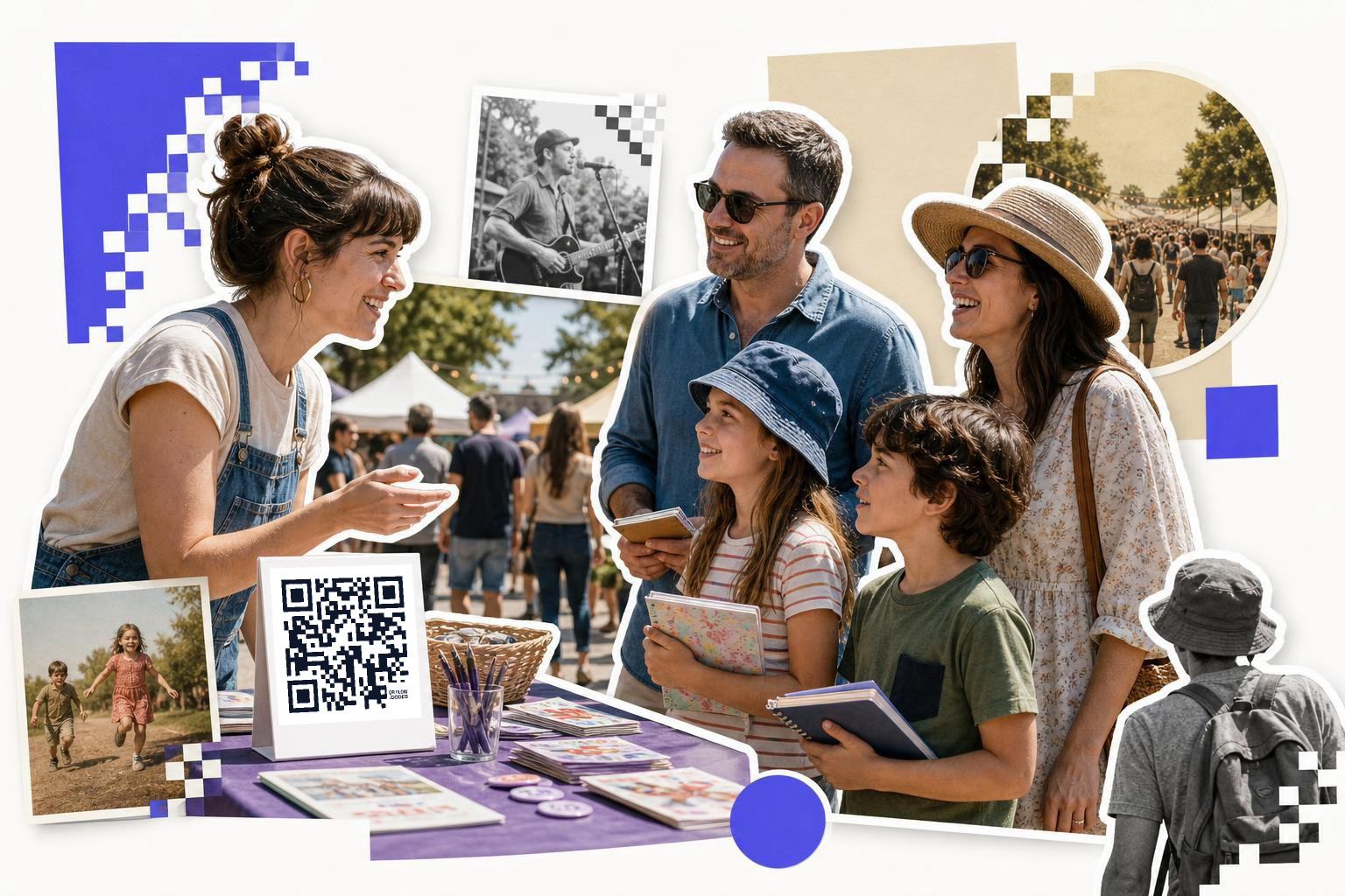 A woman at a trade show booth talks to a family holding notebooks, a QR code card displayed on the booth counter.