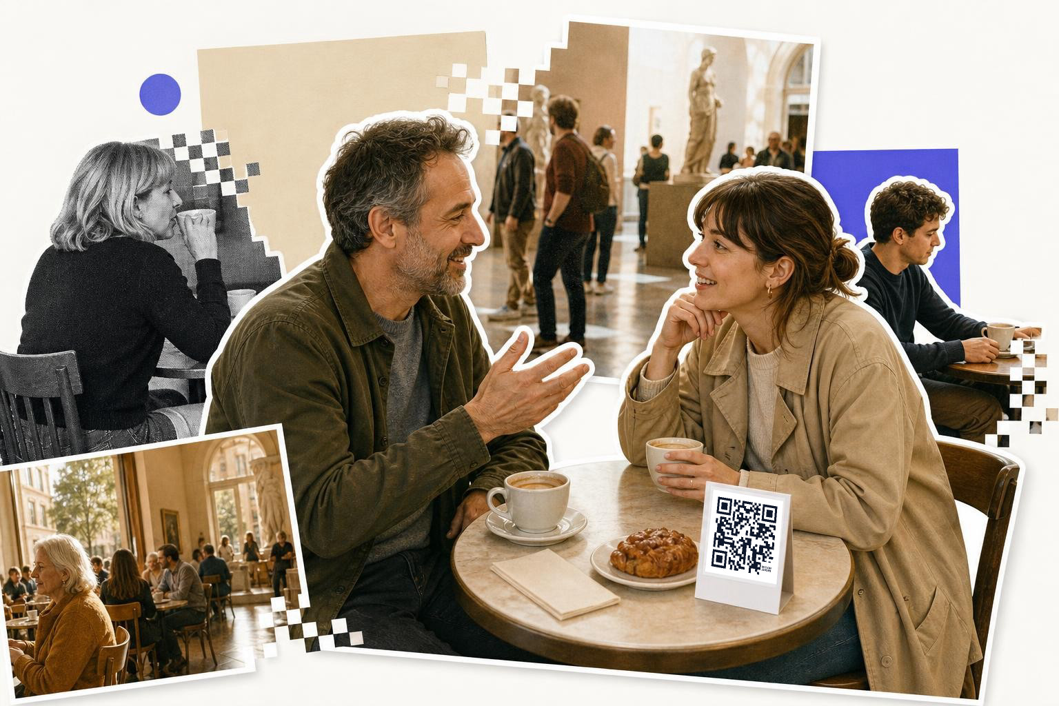 A couple at a museum cafe table with coffee and a pastry, a printed QR code card propped by the cups and visitors passing behind.