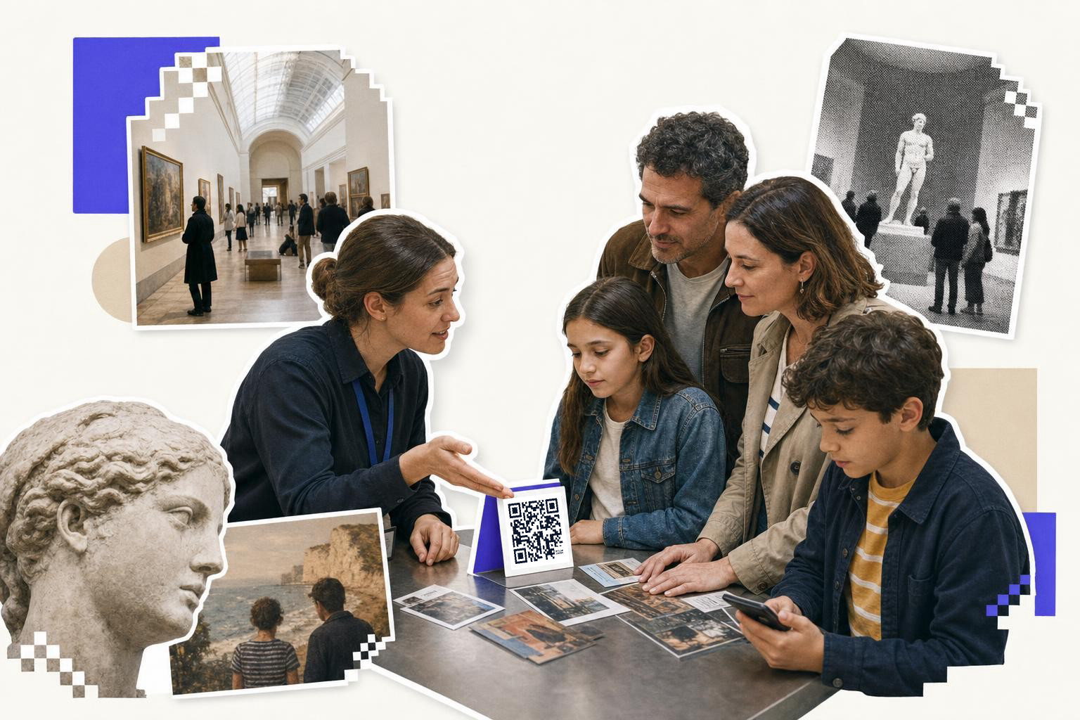 A family and a guide discuss museum exhibits with a QR code card on a table, surrounded by art images.