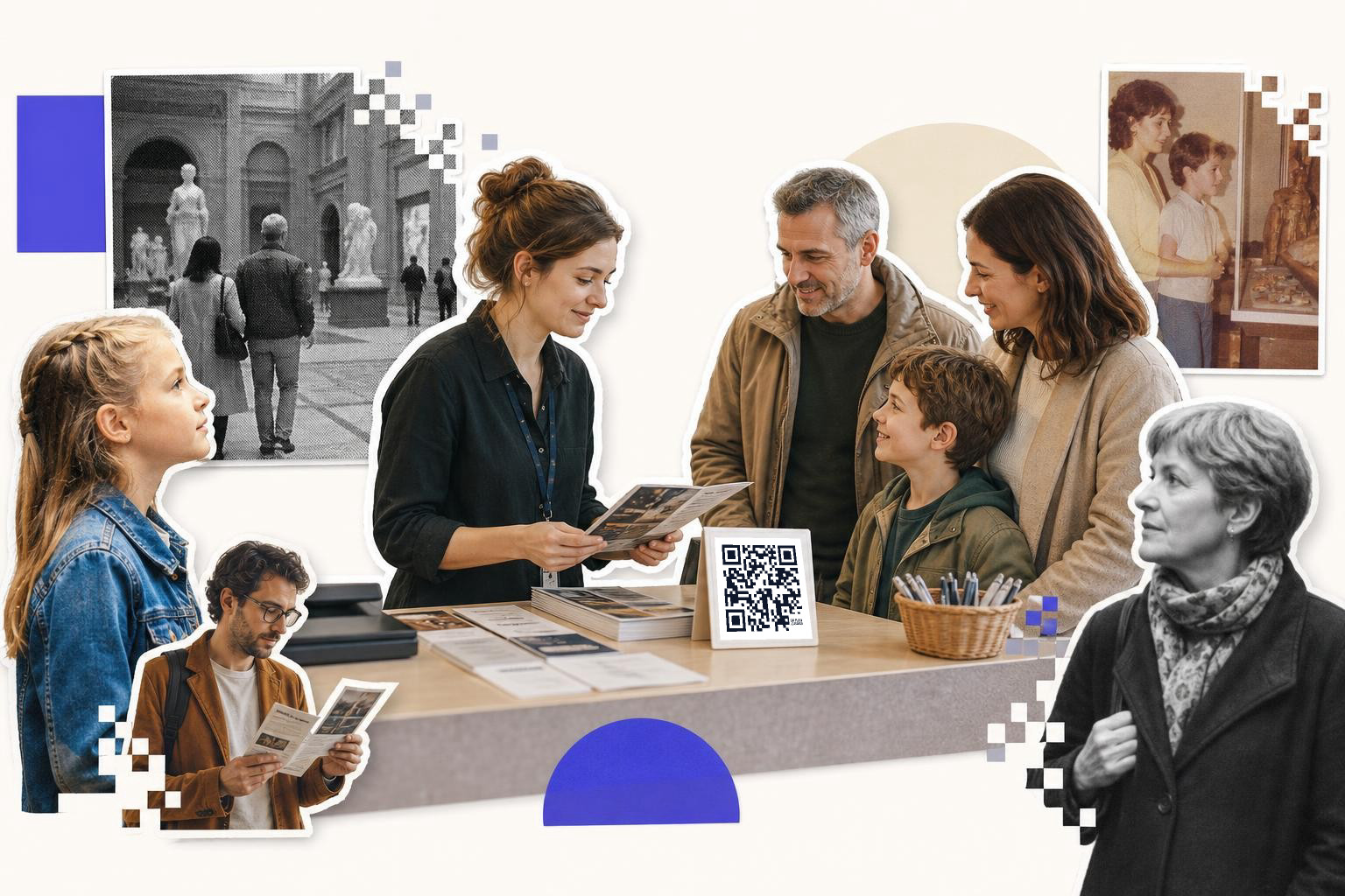 A family at a museum information desk with a printed QR code card, surrounded by cut-out photos of art and sculptures.