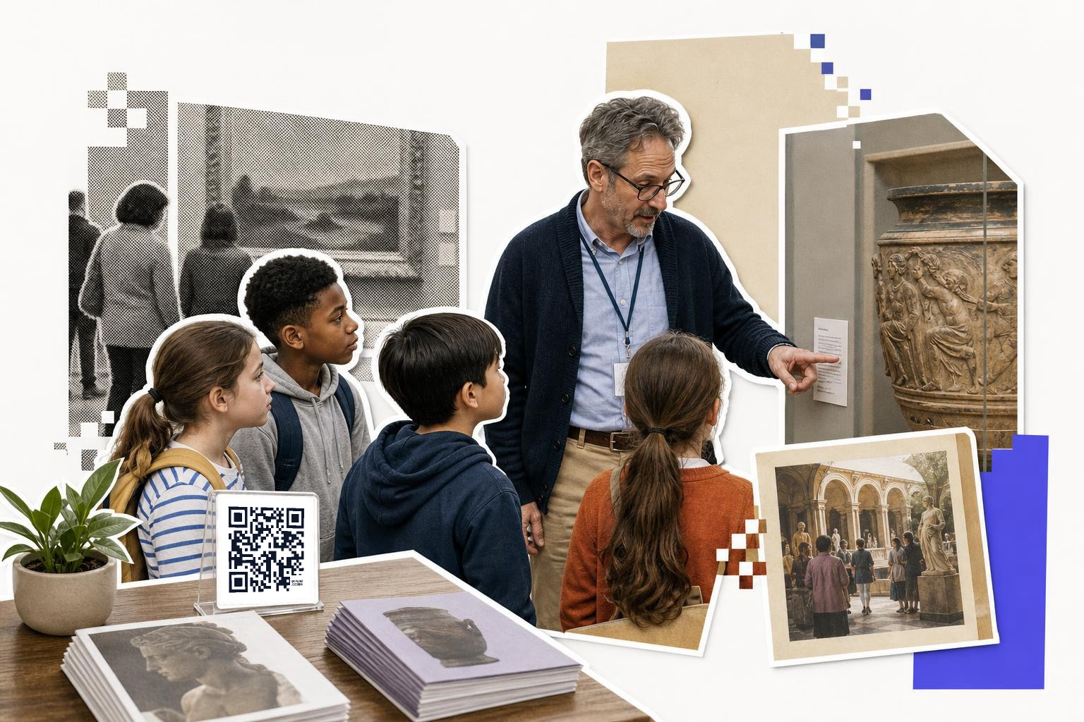 A museum guide shows artifacts to two children next to a printed QR code card and a stack of brochures on a table.