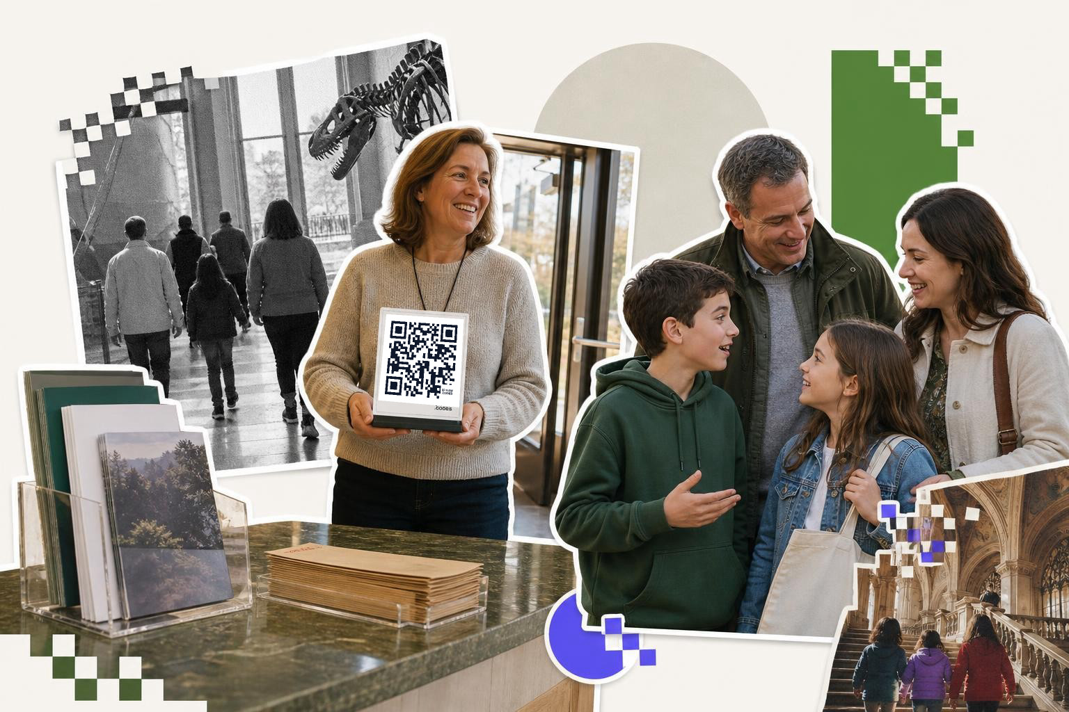 Smiling woman holds QR code card near brochures, family converses, dinosaur skeleton in museum background.