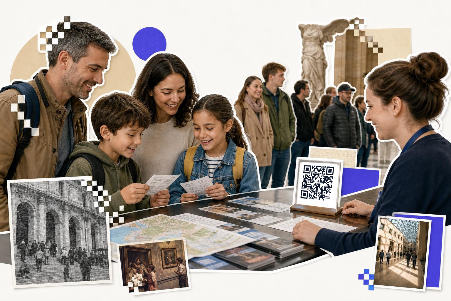 Visitors in line at a museum front desk, a QR code card and brochures on the counter and a statue behind them.