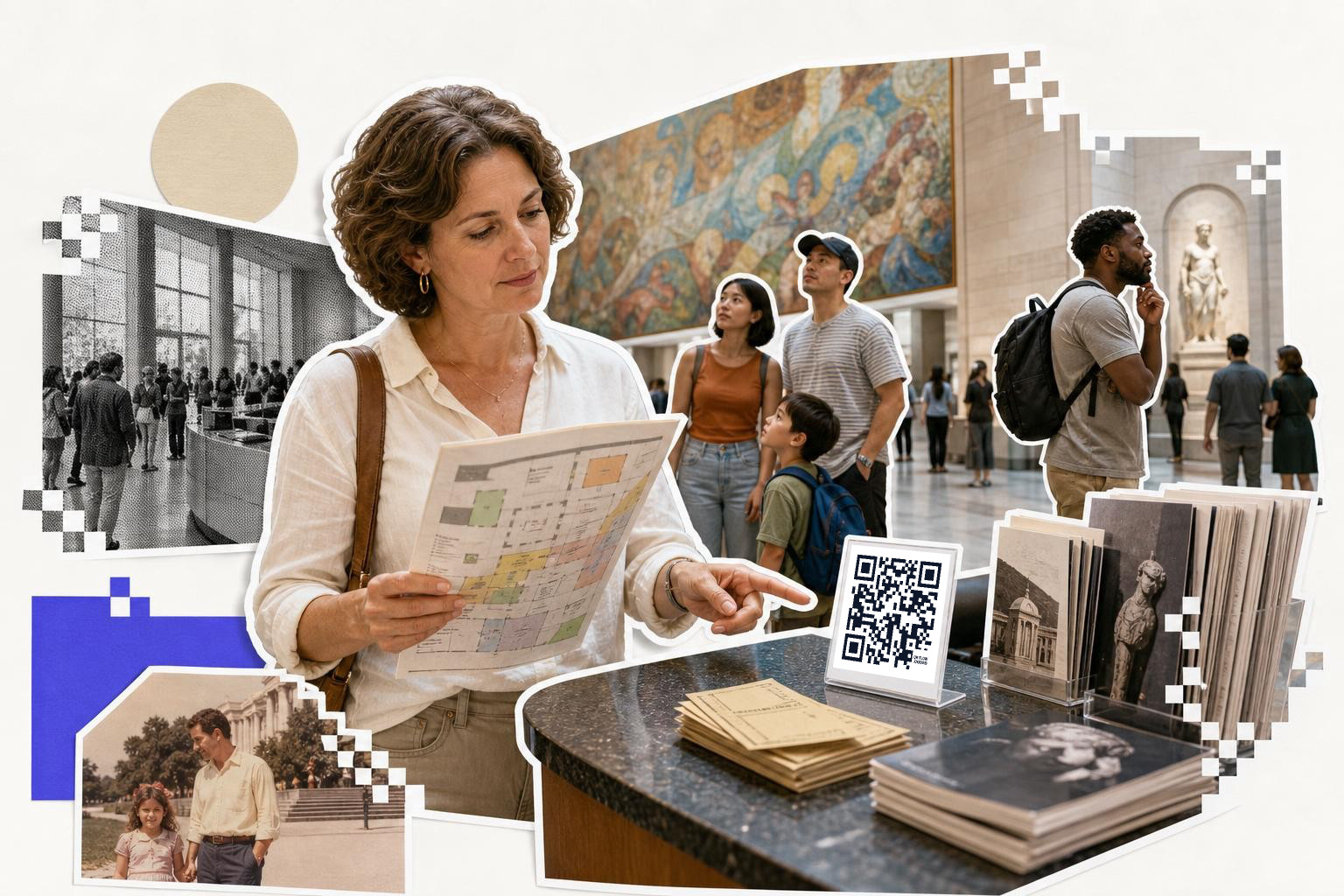 A woman reads a folded map next to a QR code stand in a museum lobby while other visitors look at paintings behind her.