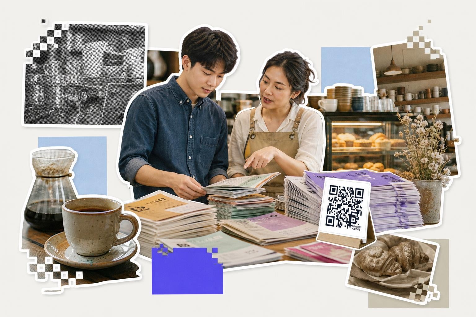 Two people in a cafe reviewing documents with a QR code on a card nearby.