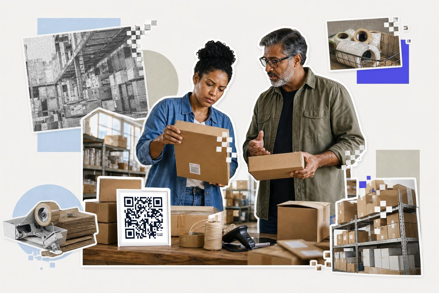 Two people examining boxes in a warehouse with a QR code on a table nearby.