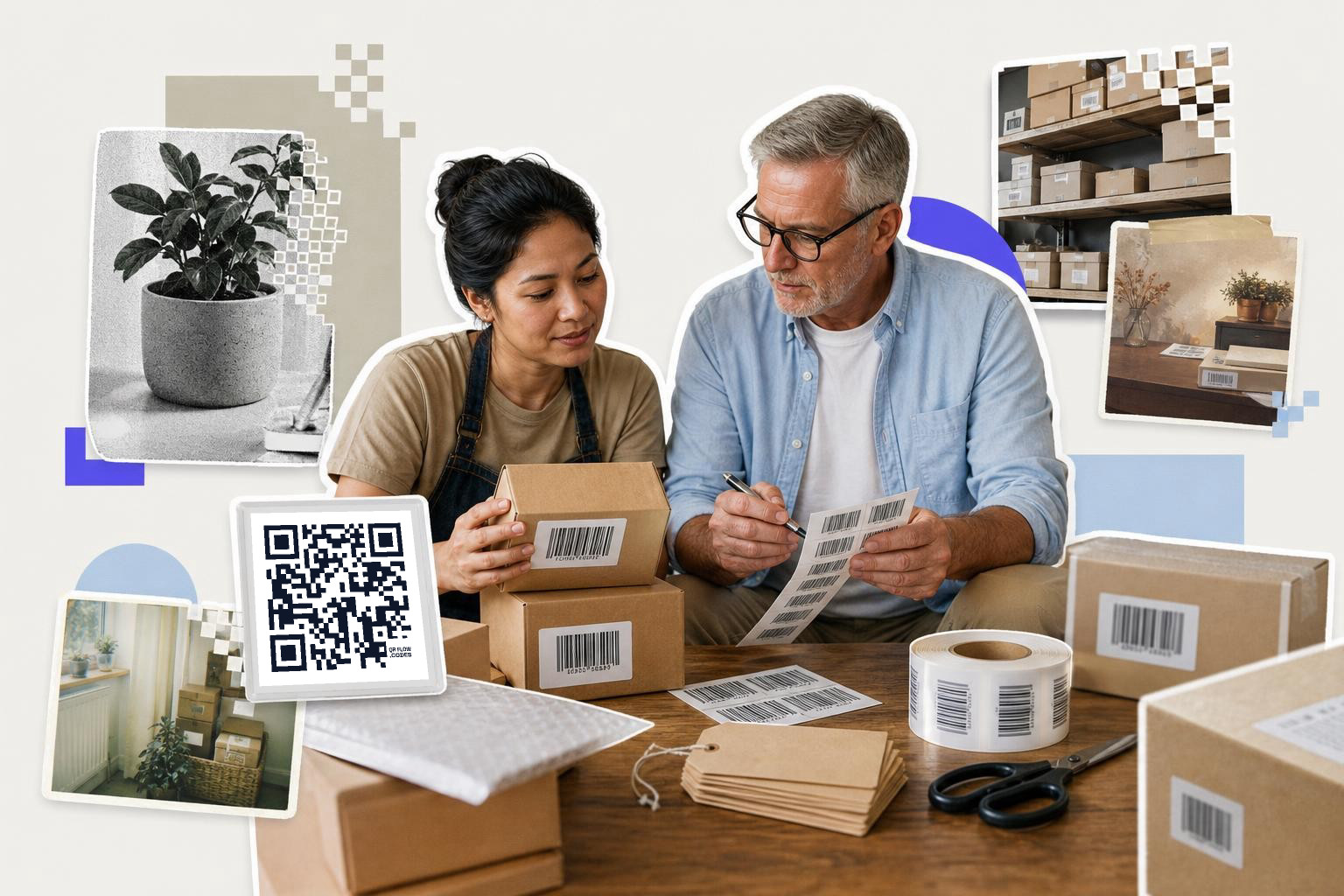 Two people labeling boxes at a table with a QR code card and various plant images around them.