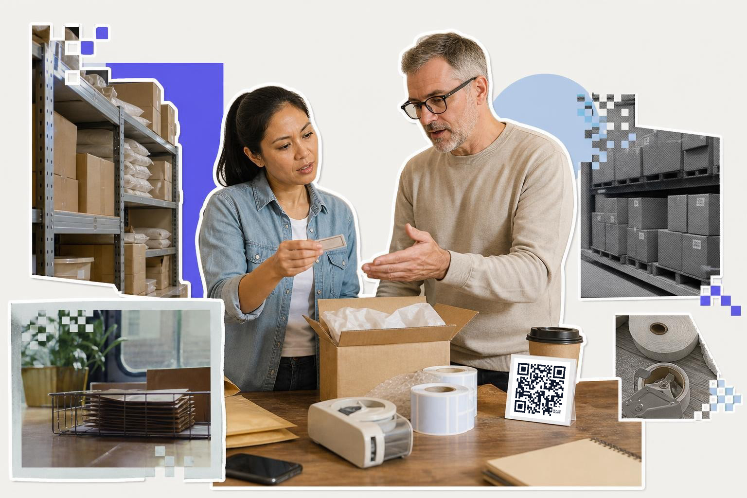Two people packing a box with a QR code on a coffee cup in a warehouse setting.