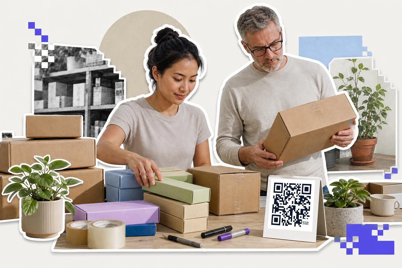 Two people packing boxes at a table with a QR code sign and plants around them.
