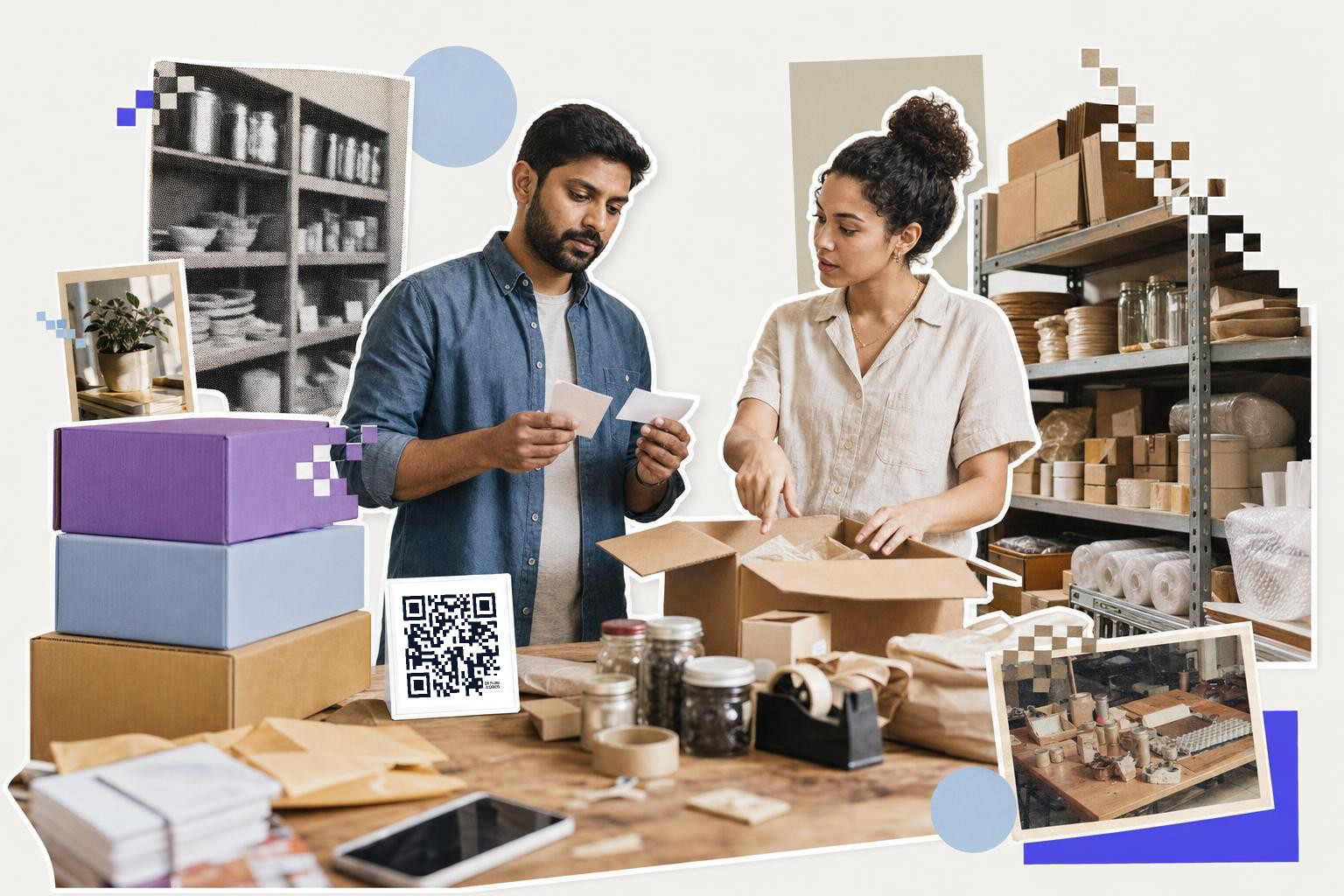 Two people packing boxes in a warehouse with a QR code card on the table.