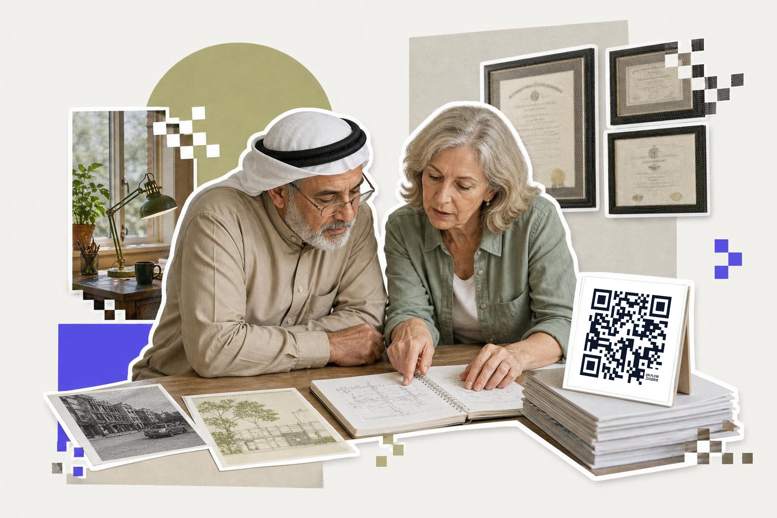 Two people examining architectural plans at a table with a QR code on a card nearby.