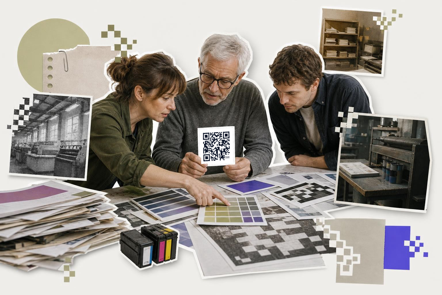 Three people examining color samples and a QR code at a table with printing materials around them.