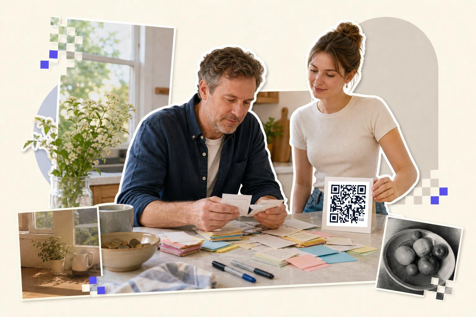 Two people at a table with papers, one holding a QR code card, in a kitchen setting.