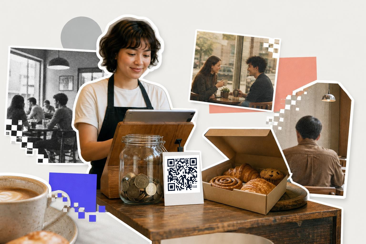 Barista using tablet at counter with pastries, QR code, and cafe scenes in background.