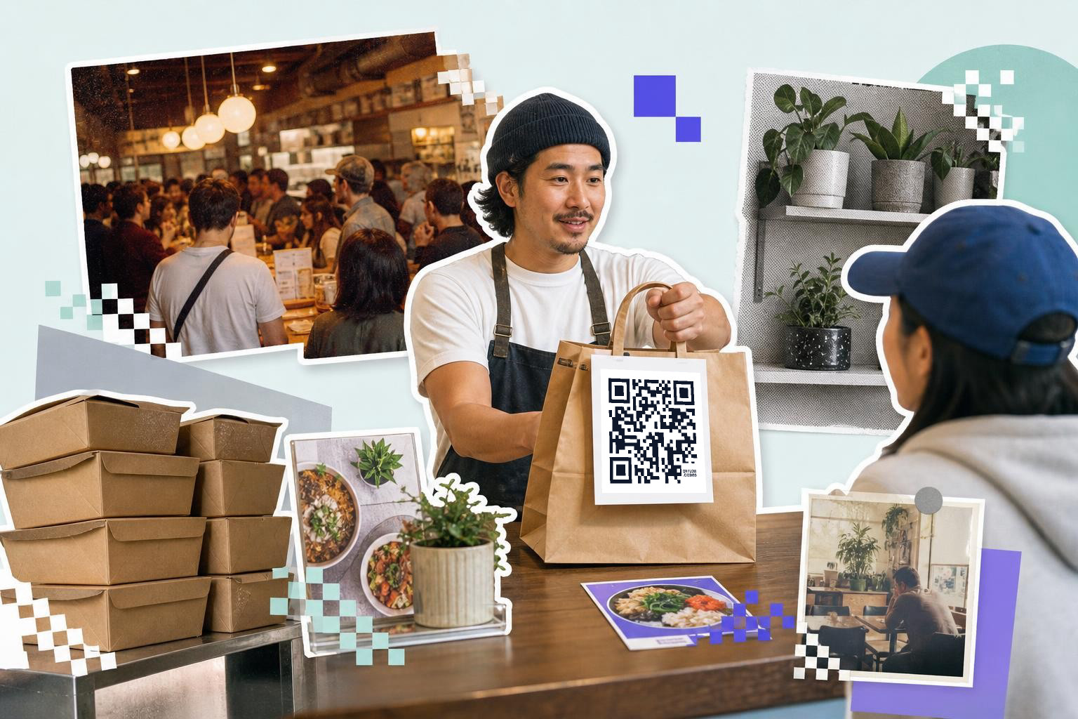 Man in apron hands paper bag with QR code to customer in cafe setting with plants and food images.