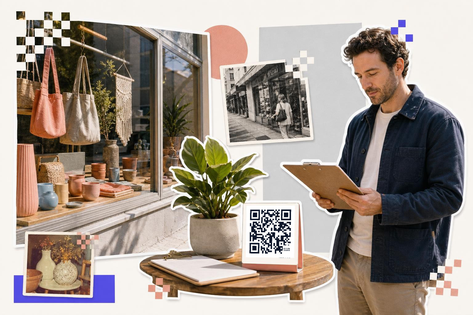 Man holding clipboard near table with plant and QR code card, shop window and photos in background.