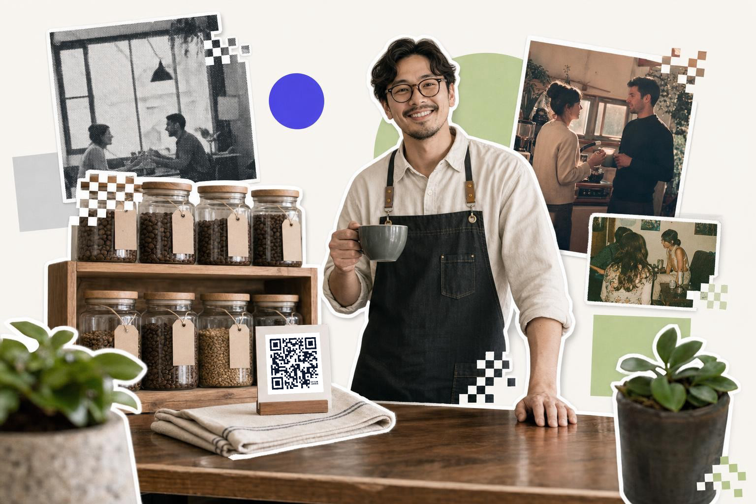 Smiling barista with coffee cup near jars and QR code for Facebook page on counter.