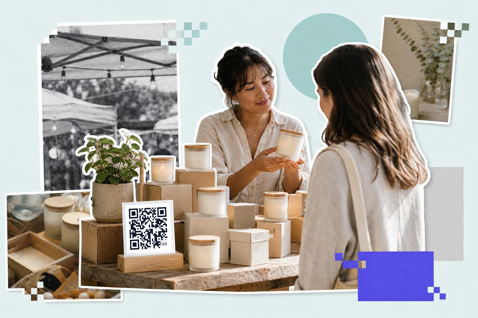 A vendor shows a candle to a customer at a market, with a printed card holding a QR code on the table.