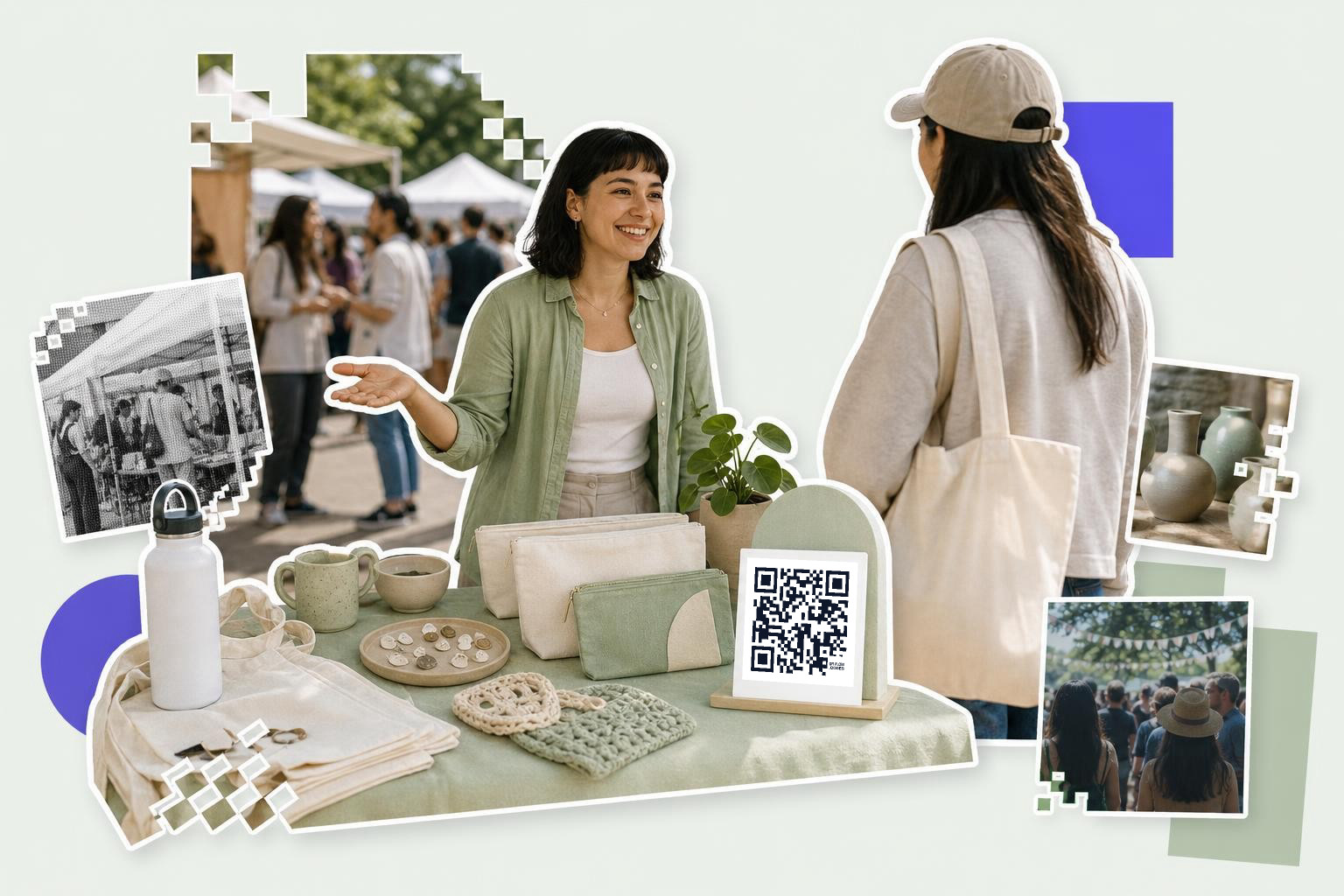 A vendor at a market smiles while showing products on a table, with a QR code card for a Facebook page.