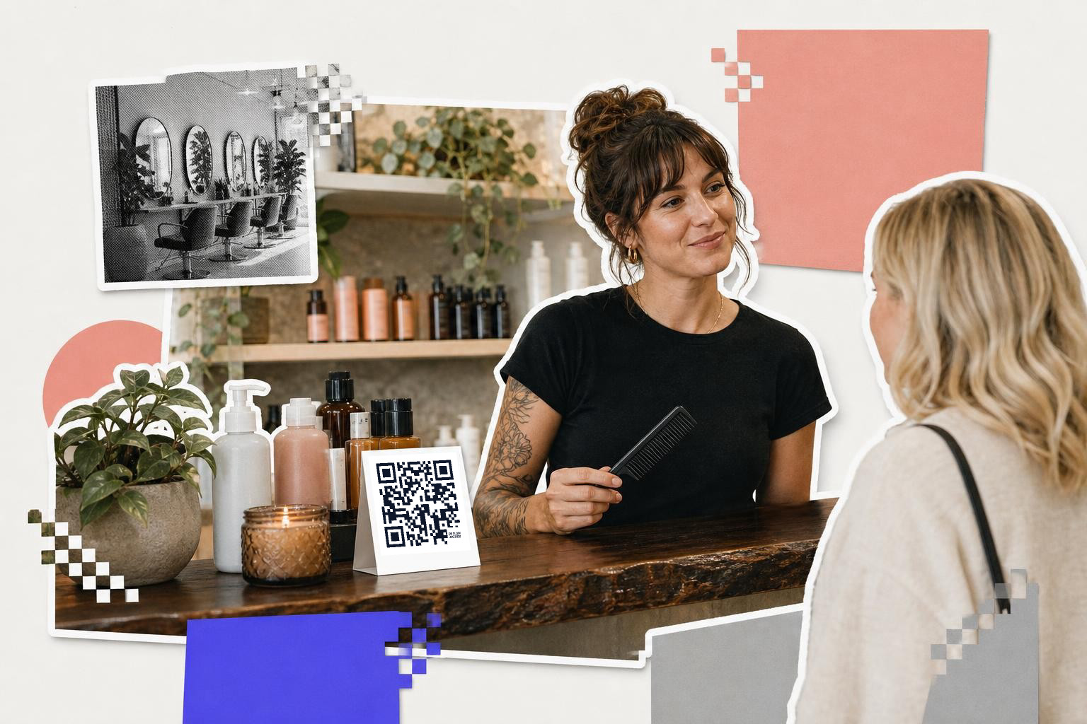 A woman at a salon counter smiles while holding a comb, talking to a customer; a QR code is displayed on a card.