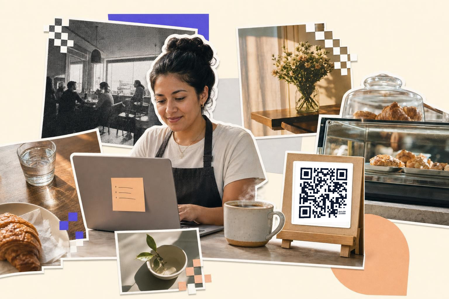 Cafe owner in an apron at a laptop with coffee and pastries, a printed QR code card on a stand and a sticky note of QR code prompts