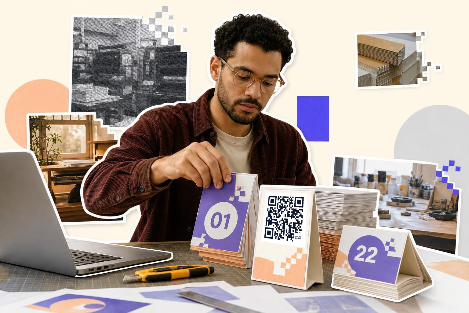 Man arranging numbered table tents on a desk, one carrying a printed QR code, paper stacks around