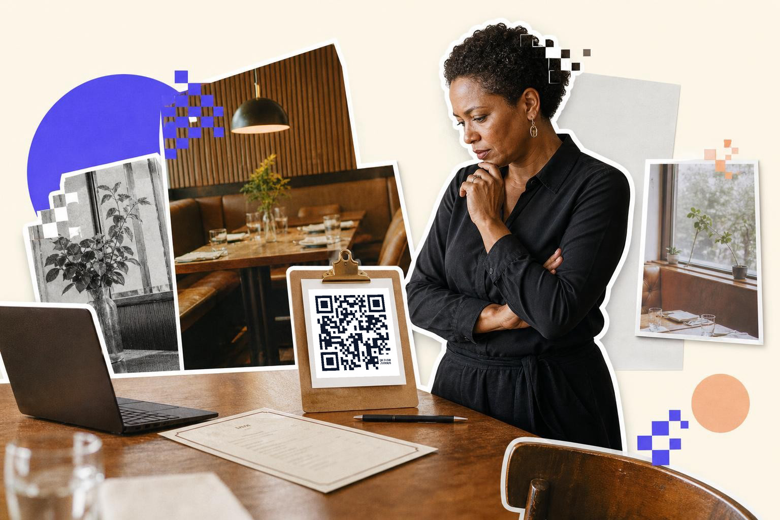 Woman in black dress stands thoughtfully by a table with a laptop and QR code on a clipboard.