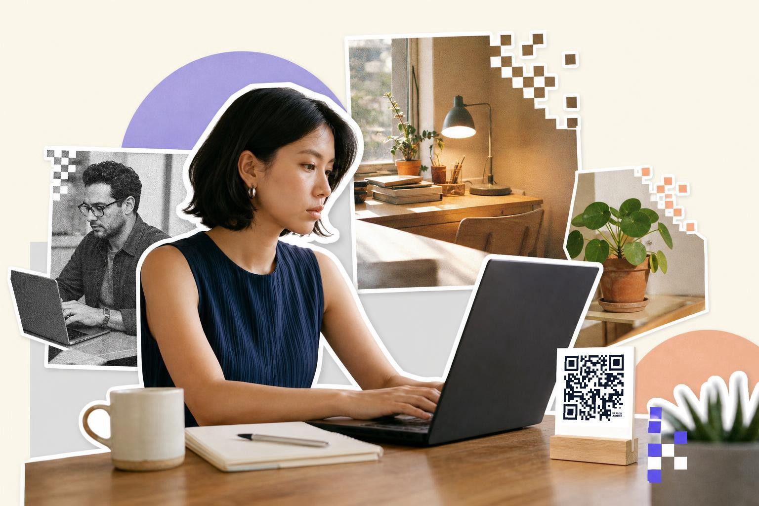 Woman working on a laptop at a desk with a QR code card and collage of images behind her.