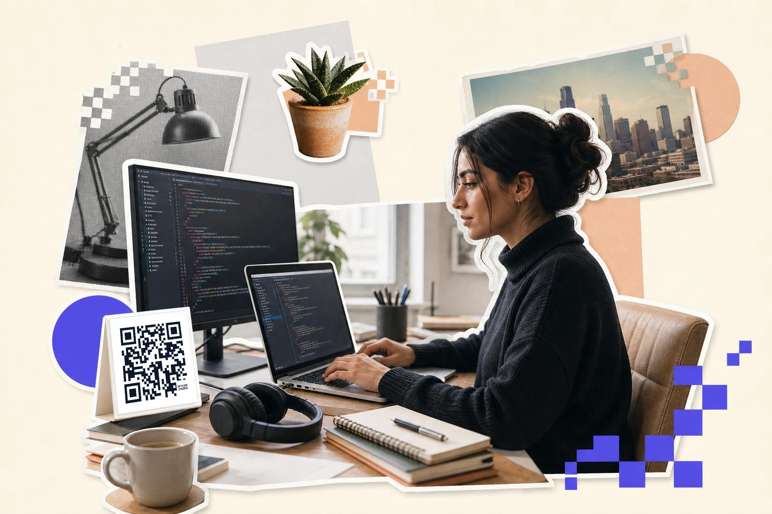 Woman working on a laptop at a desk with a QR code card and cityscape photo.