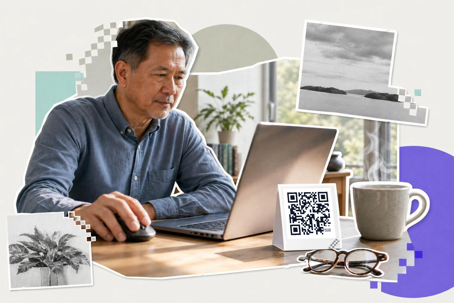 Man using a laptop at a desk with a QR code card, glasses, and a steaming mug nearby.