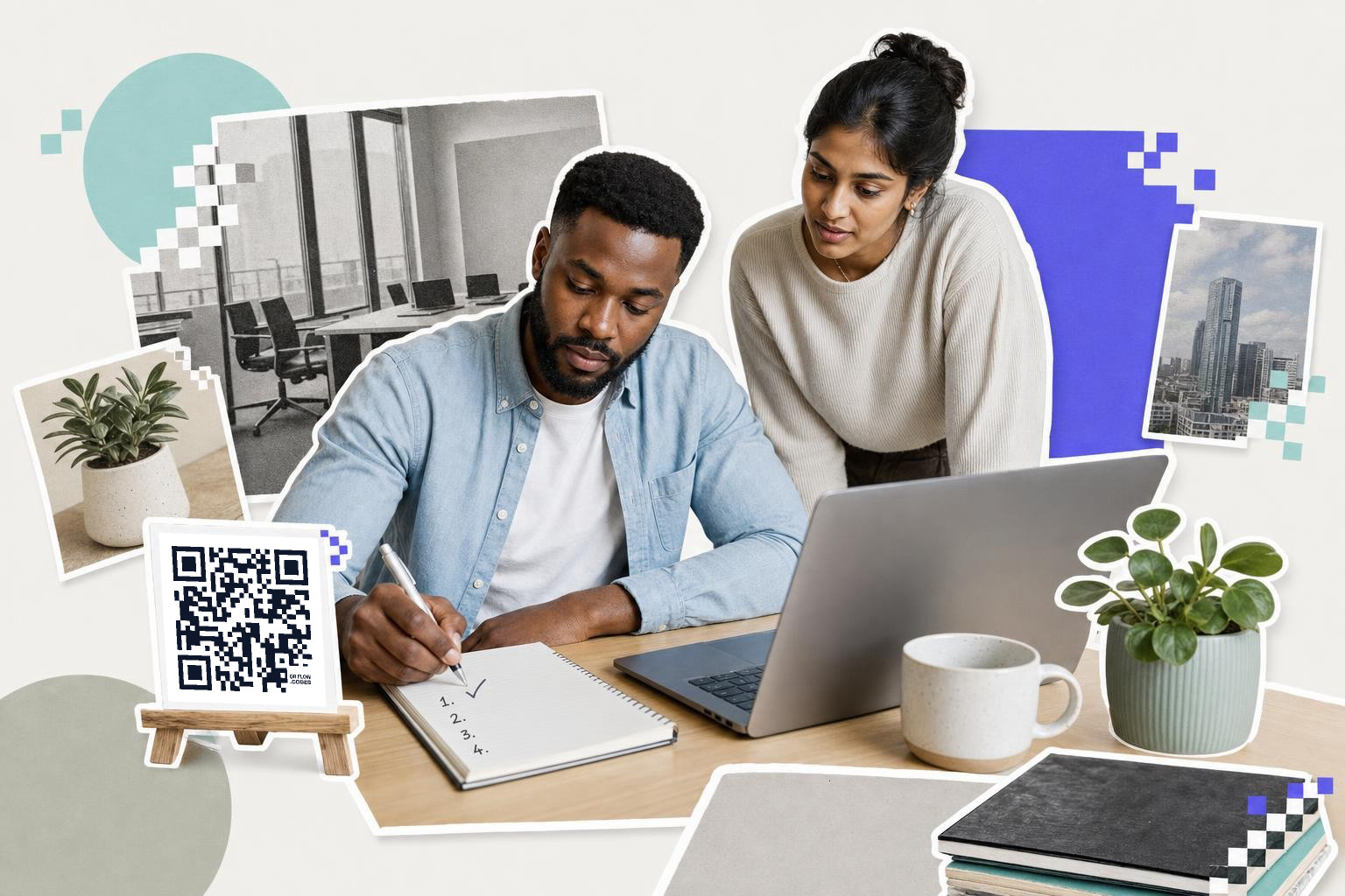 Two people collaborate at a desk with a laptop and a QR code card for remote MCP servers.