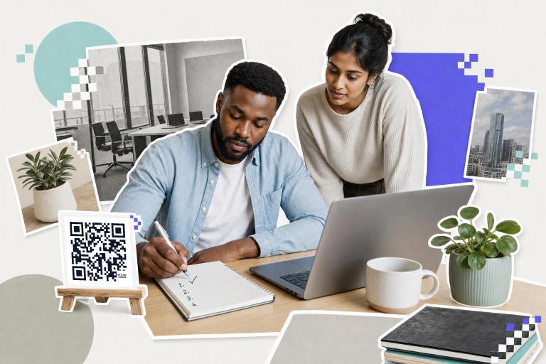 Two people collaborate at a desk with a laptop and a QR code card for remote MCP servers.