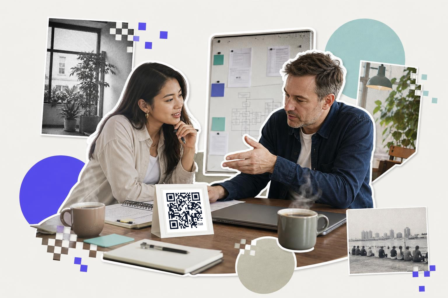 Two people sitting at a table discussing with a QR code card between them in an office setting.
